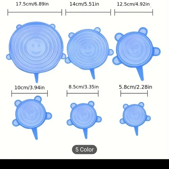 Silicone Stretch Lids Set of 6 Blue or Uncolored L👀K Happy Faces ☺️ - Picture 9 of 11